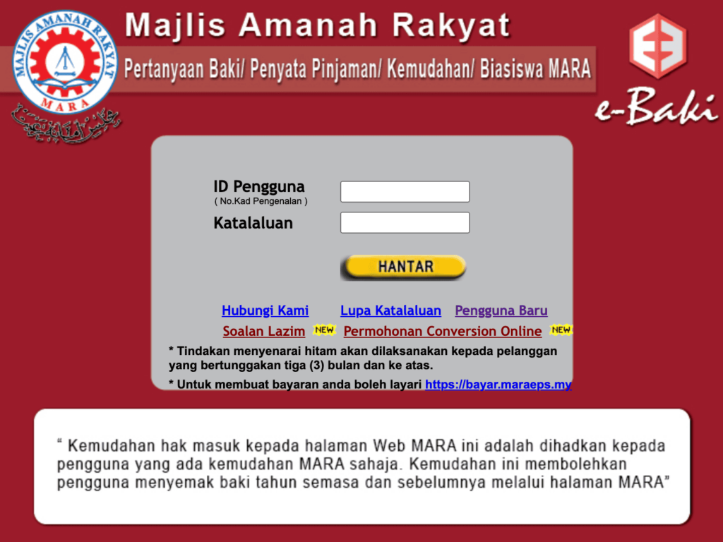 Bagaimana Cara Log Masuk eBaki MARA Melalui apps.mara.gov.my/ebakiv2?